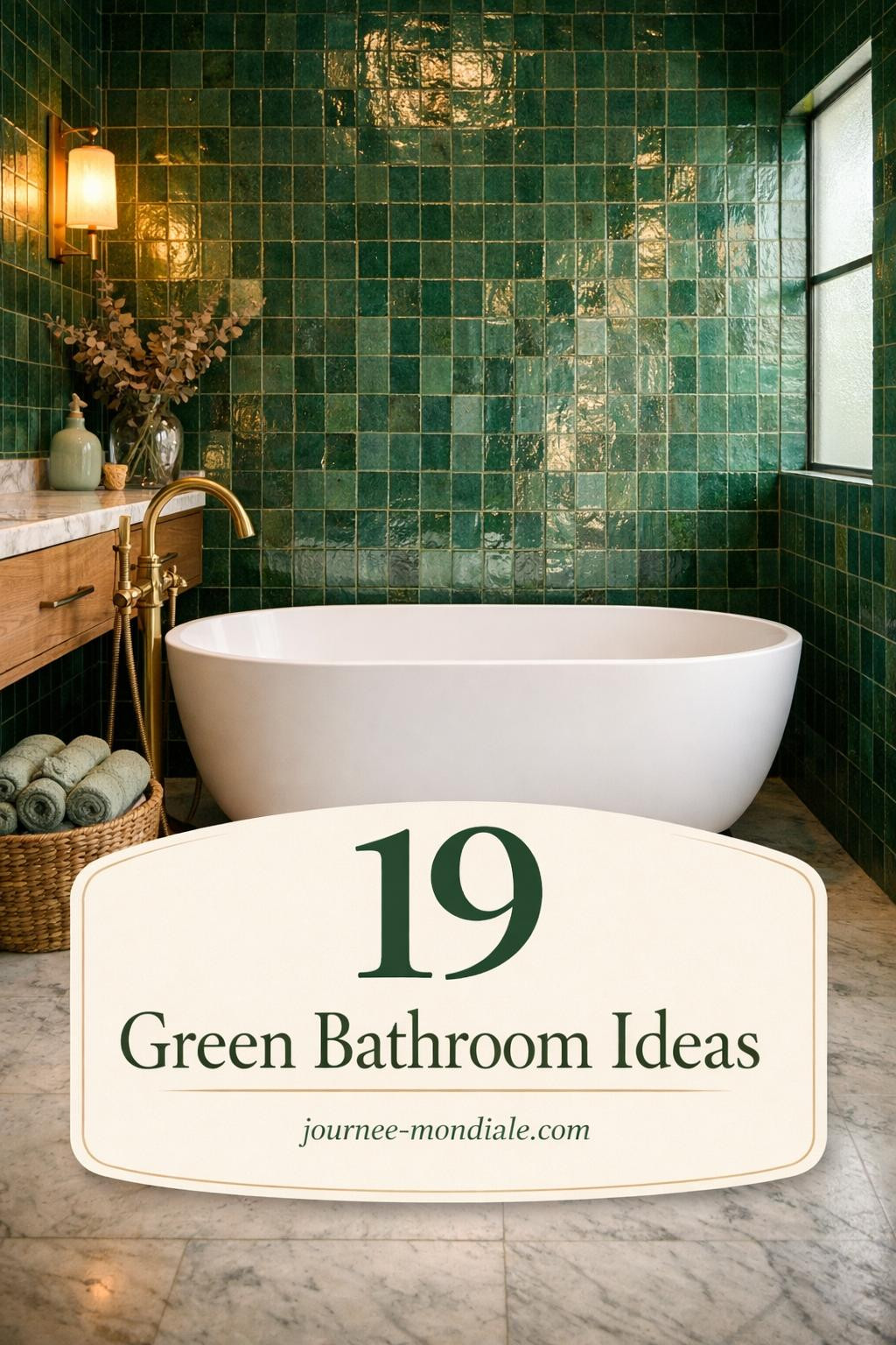 Minimalist emerald green bathroom featuring wooden vanity, white vessel sink, geometric mirror, and natural plants