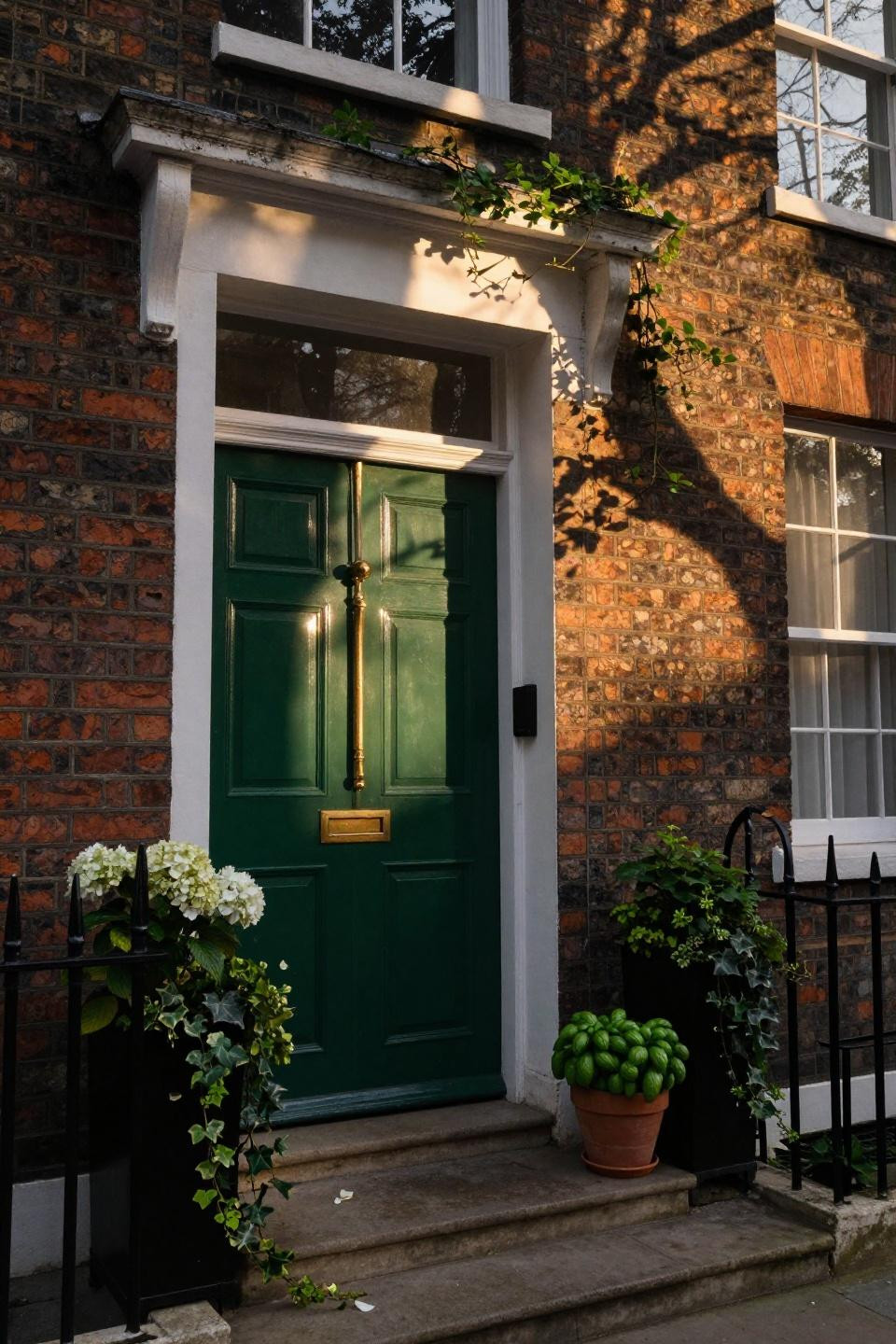 green front door brick house - climbing jasmine accent