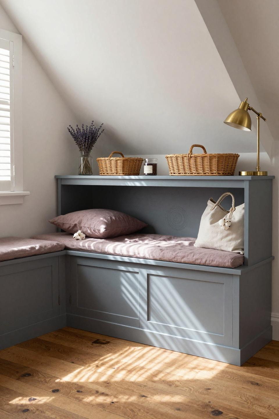 Narrow sunroom ideas - grey blue storage bench with wicker baskets