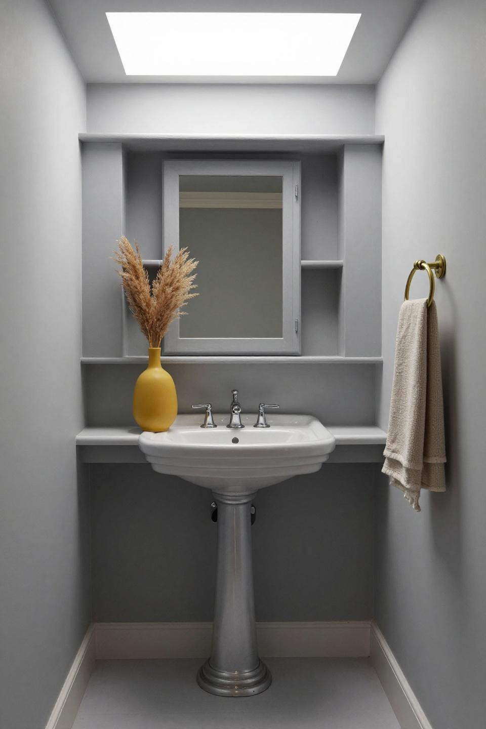 Tiny Toilet Room Ideas - grey limewash corner pedestal sink