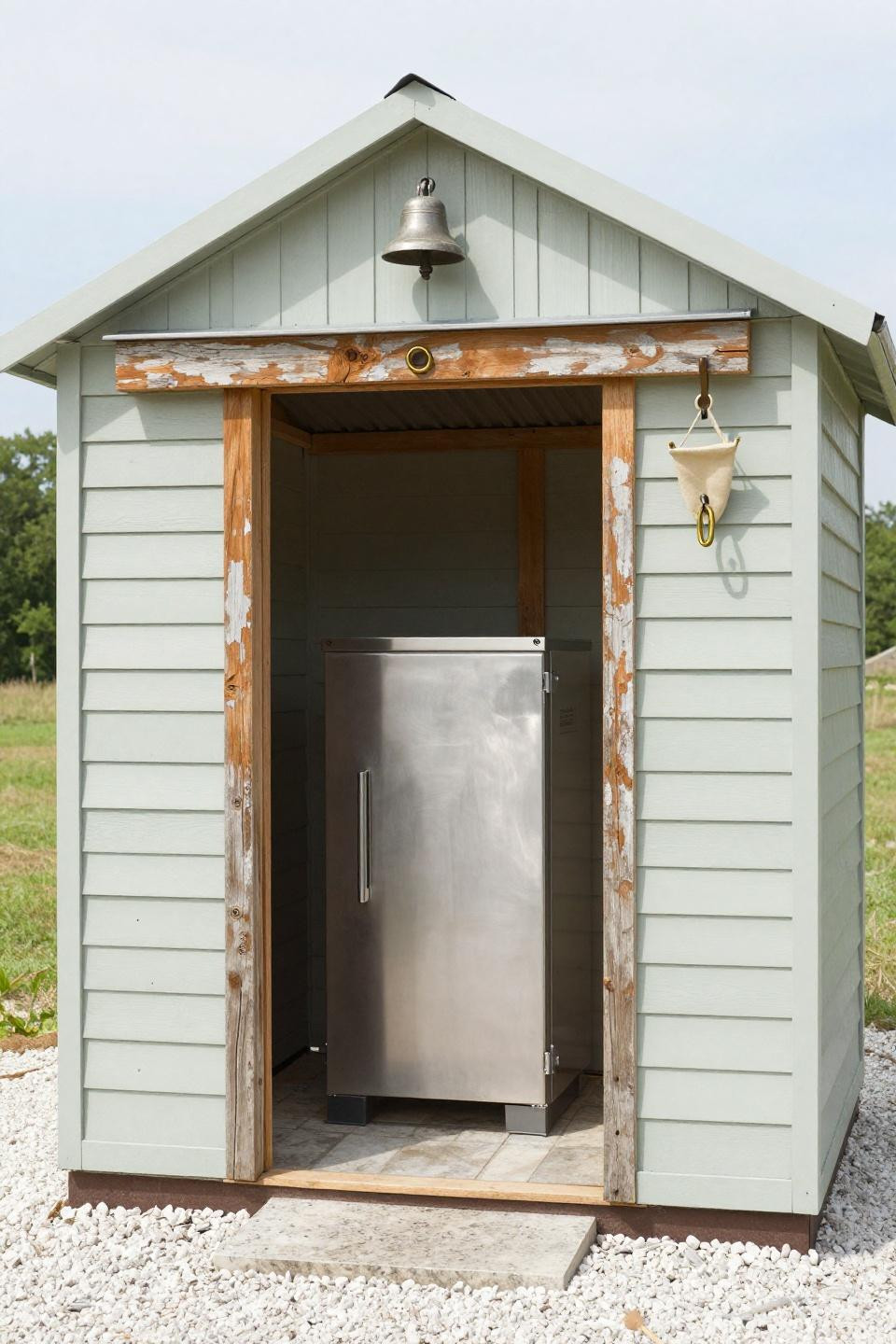 Cheap barn ideas - pale grey shiplap milk house with metal roof