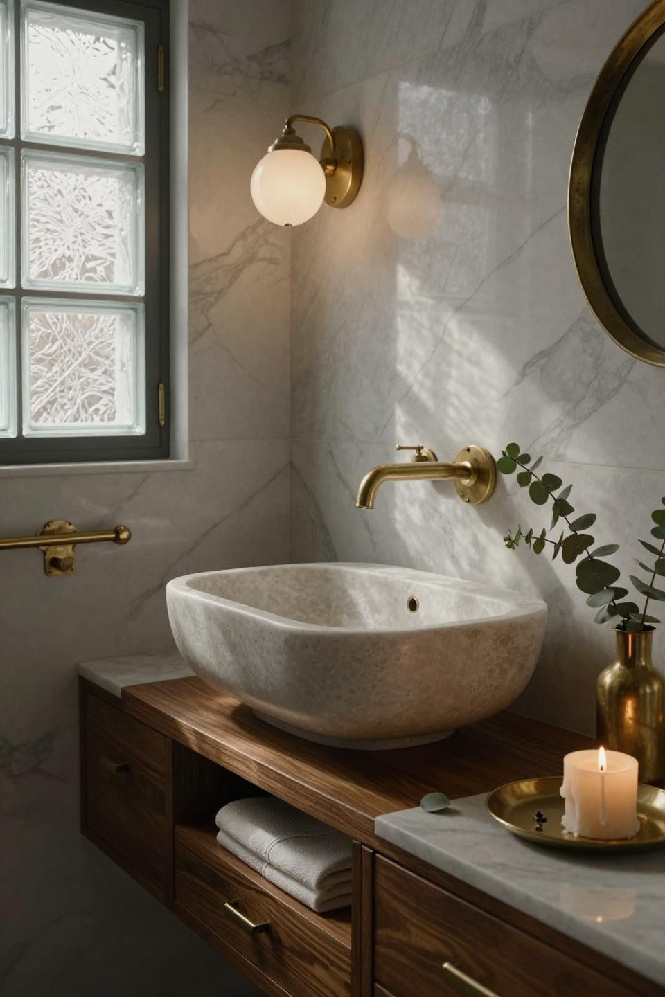 Tiny Bathroom Ideas - unlacquered brass faucet detail