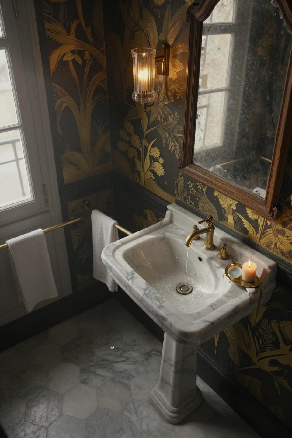 Half Bathroom Design - hand-carved travertine vessel sink