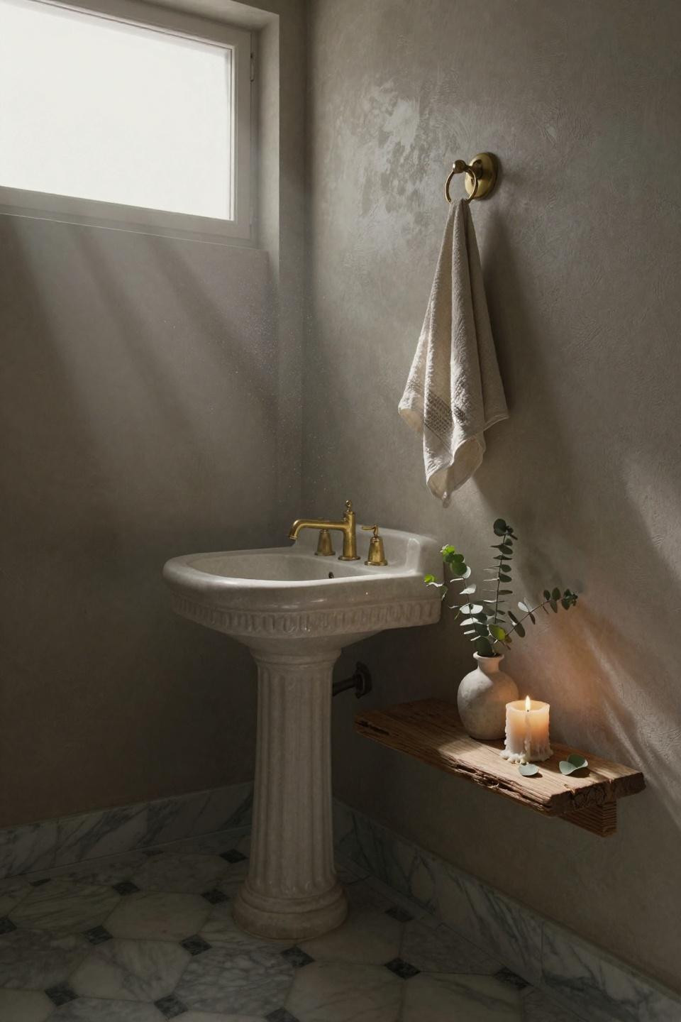 Powder Bath Ideas - warm greige plaster walls