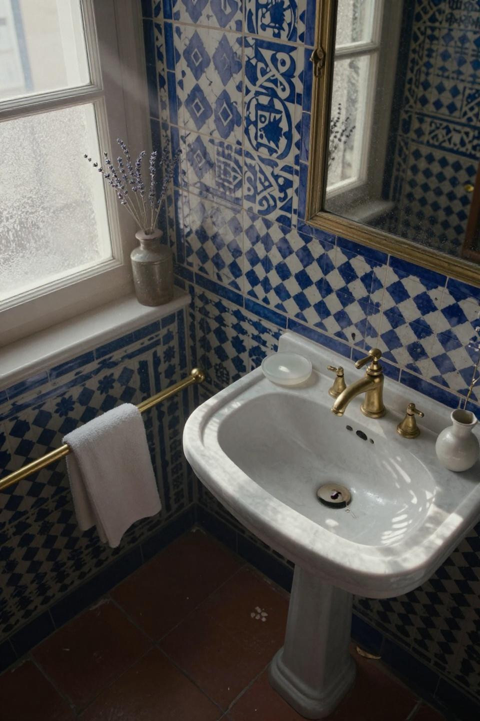 Small Half Bath Ideas - sapphire and ivory geometric tiles
