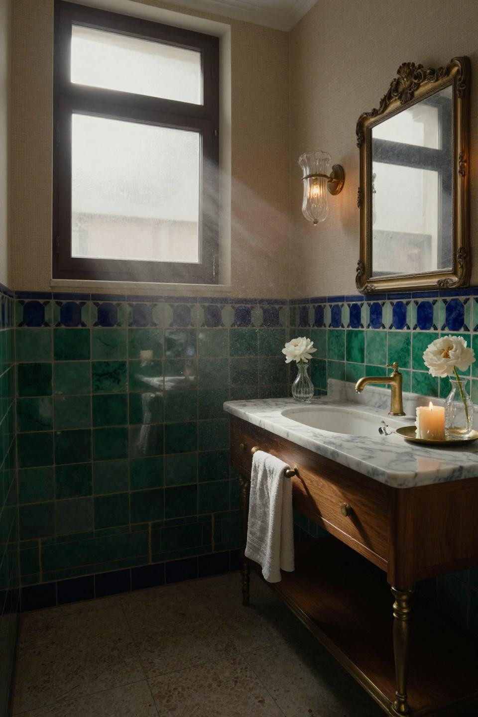 Small Full Bathroom Ideas - hand-painted Moroccan zellige tiles