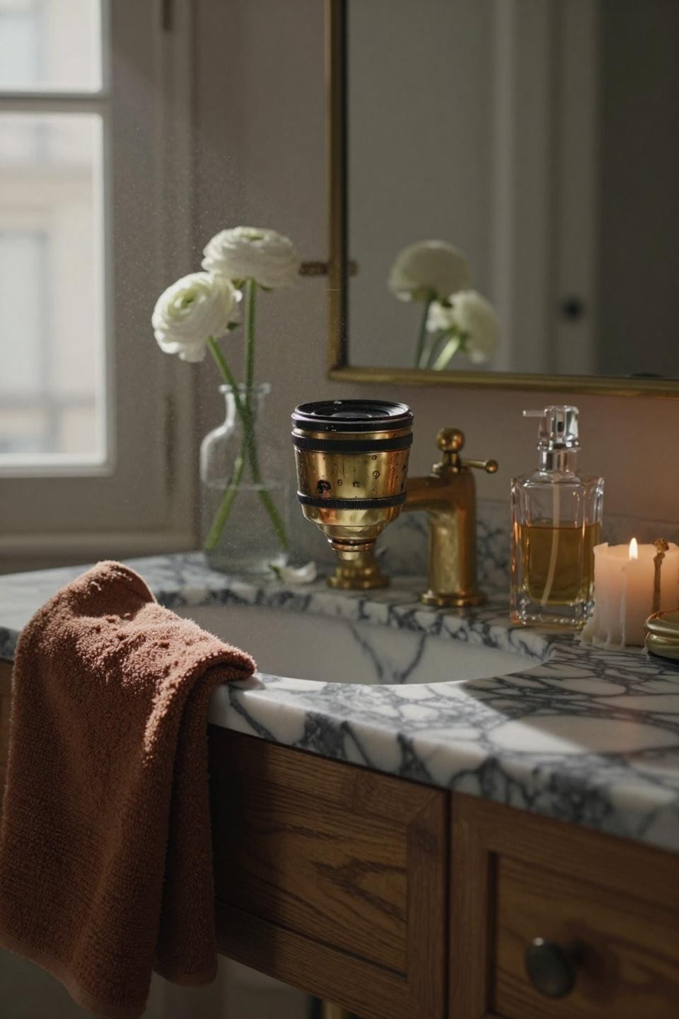 Small Powder Room Ideas - sculptural brass faucet closeup