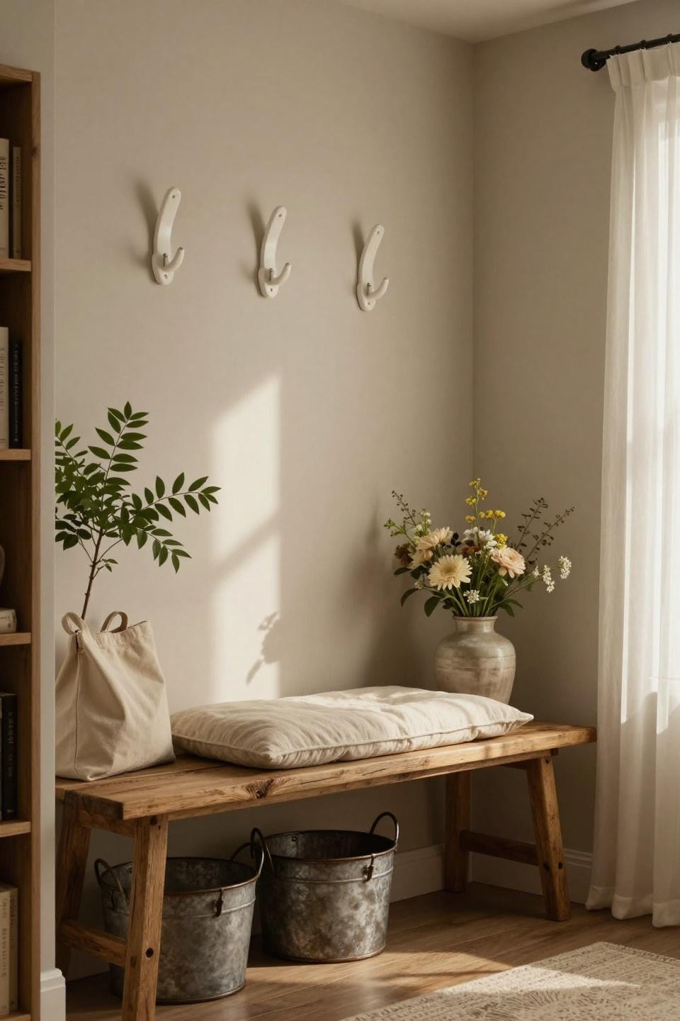 Farmhouse Hall Tree - reclaimed wood bench with white oak coat hooks