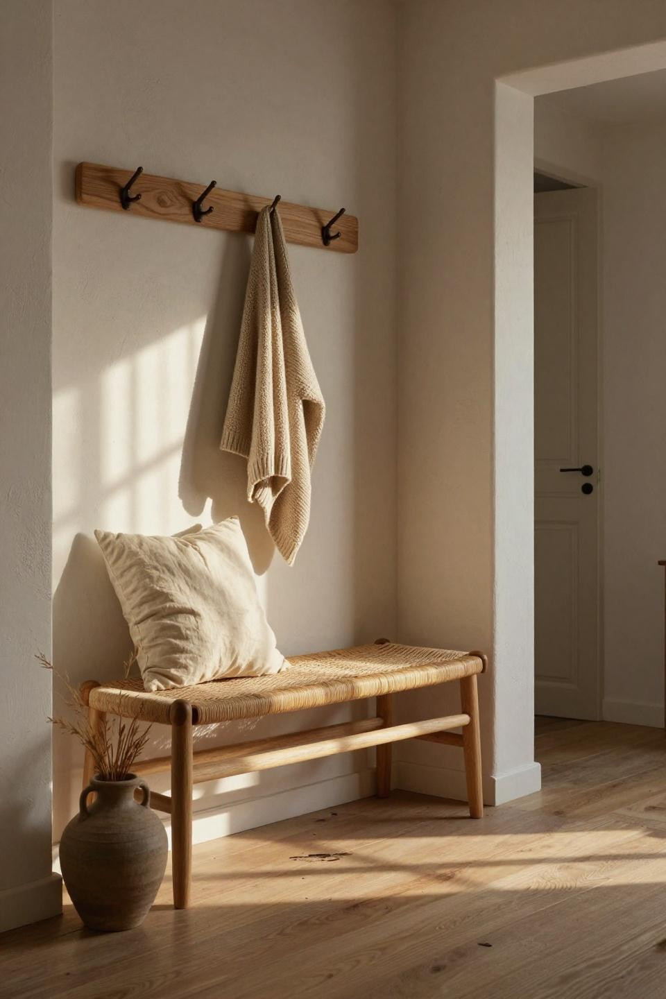 Entryway Coat Rack And Bench - natural oak hall tree with woven rattan panels