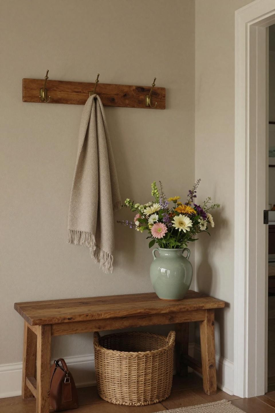 Hall Tree Decorating Ideas - reclaimed pine hall tree with vintage brass hooks