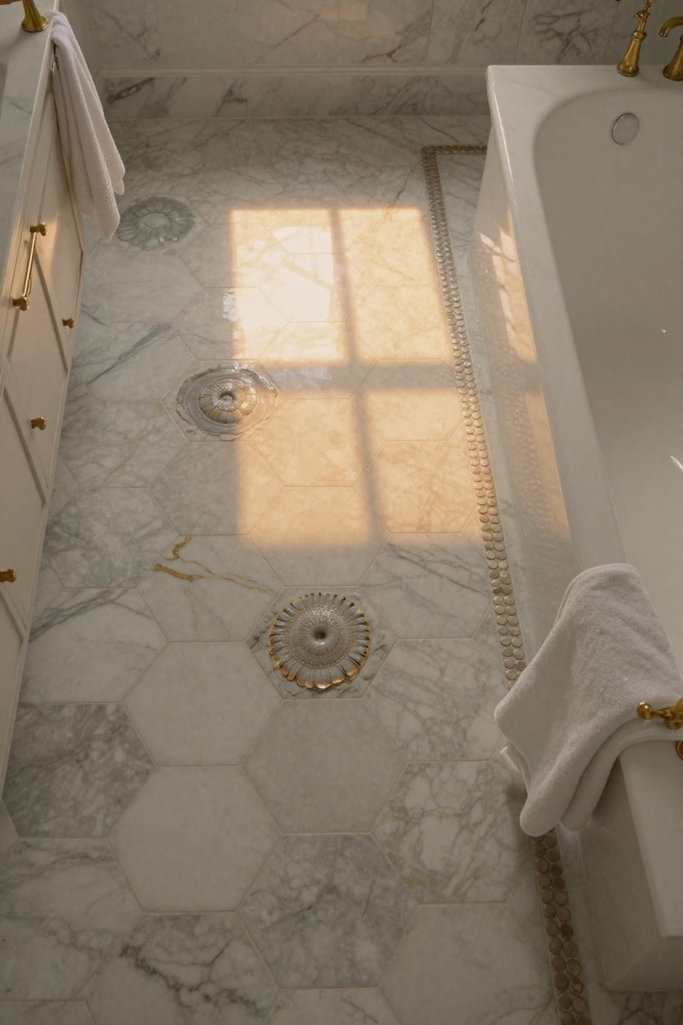 Bathroom Flooring Ideas - hexagonal Calacatta marble radiating from center