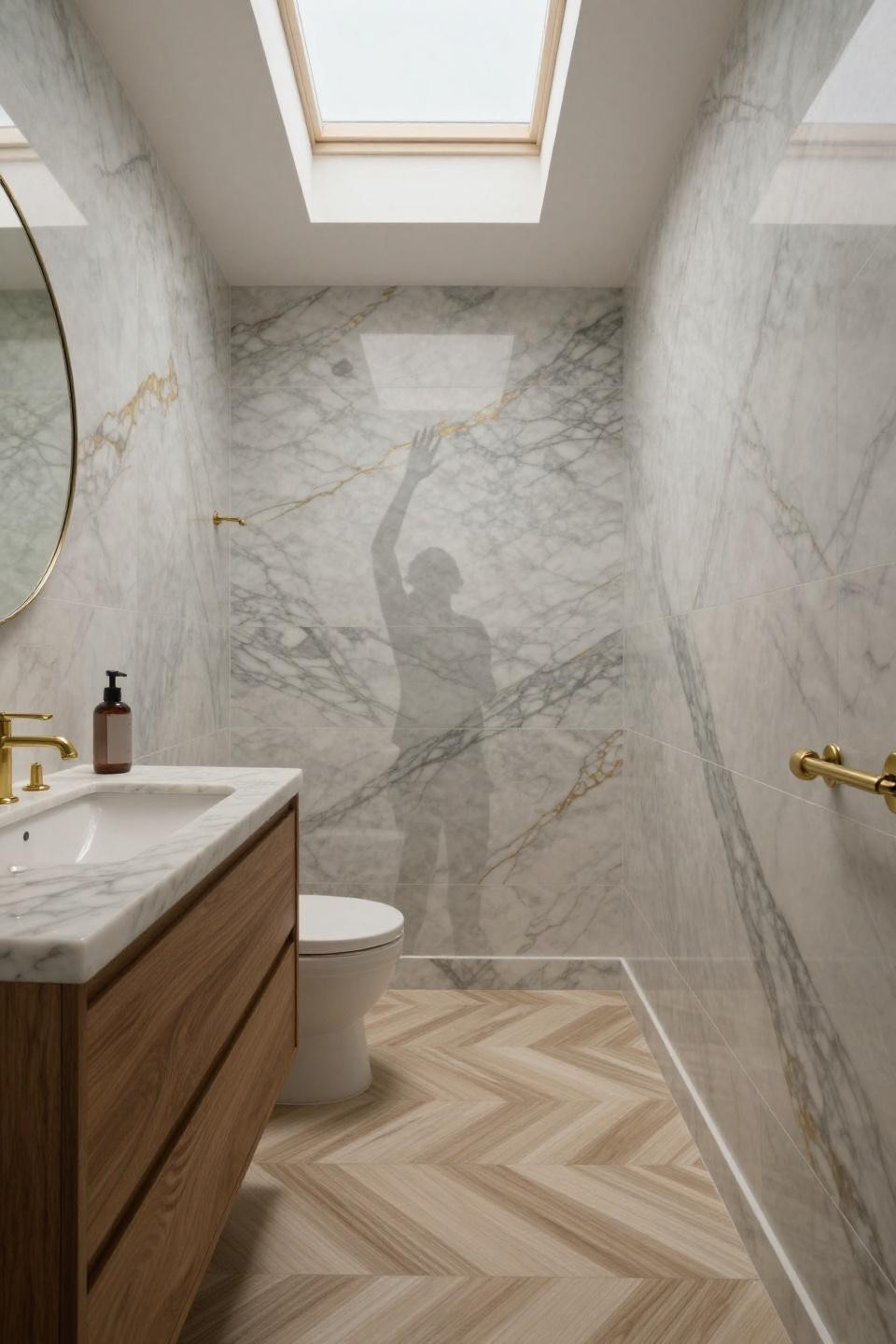 Bathroom Inspo - hexagonal marble with warm cream chevron floor tiles