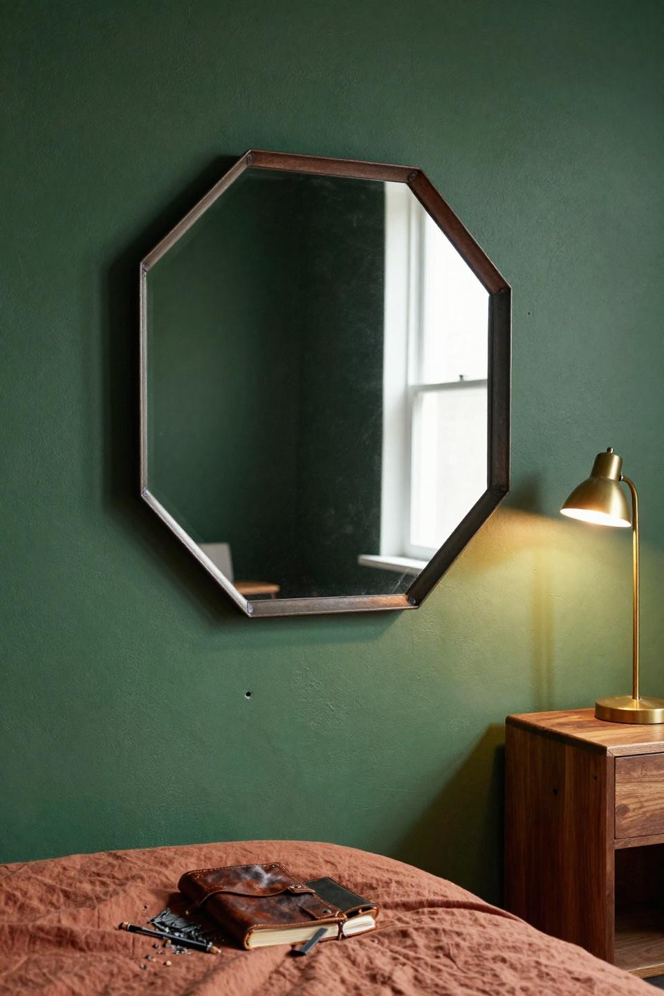 Mirror Decorating Ideas - hexagonal mirror with iron frame on green wall