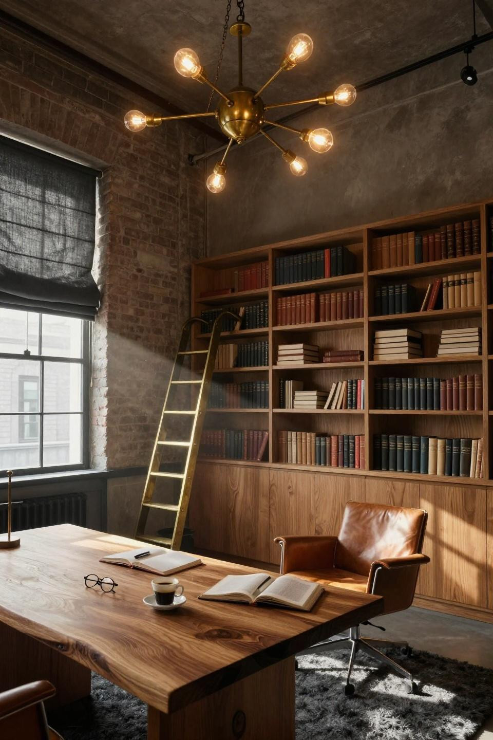 Small Library Room Ideas - statement chandelier in compact library