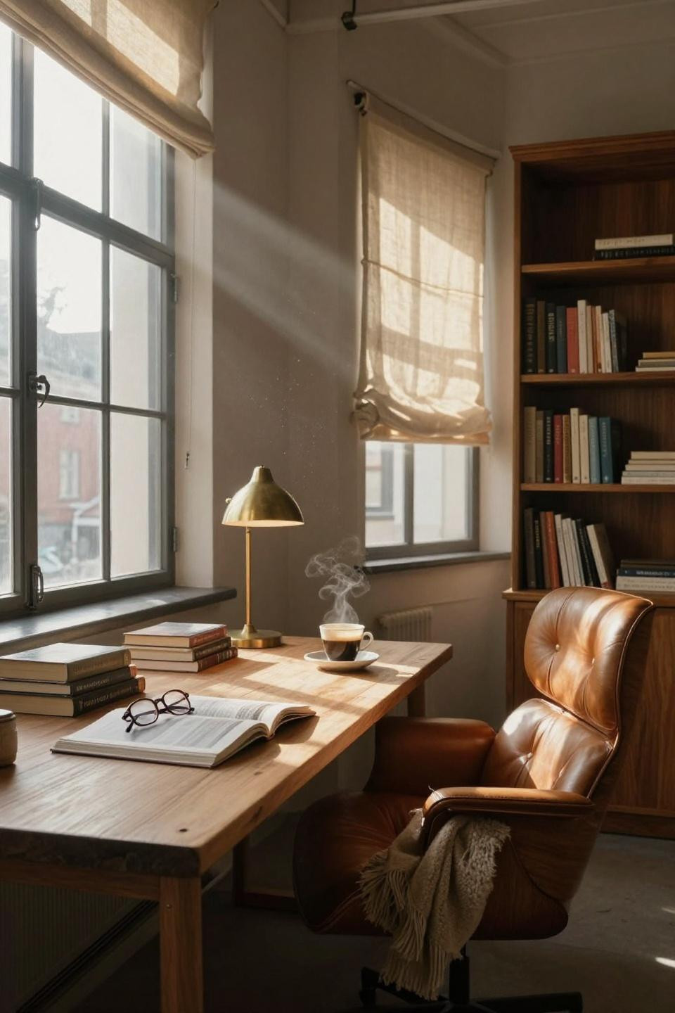 Home Office With Bookshelves - walnut desk centered under windows