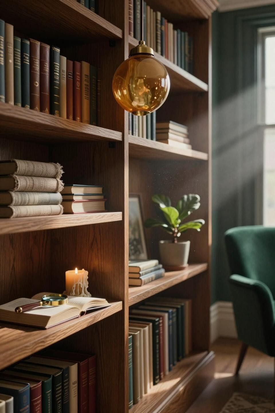 Built In Bookshelves - custom oak millwork with brass details