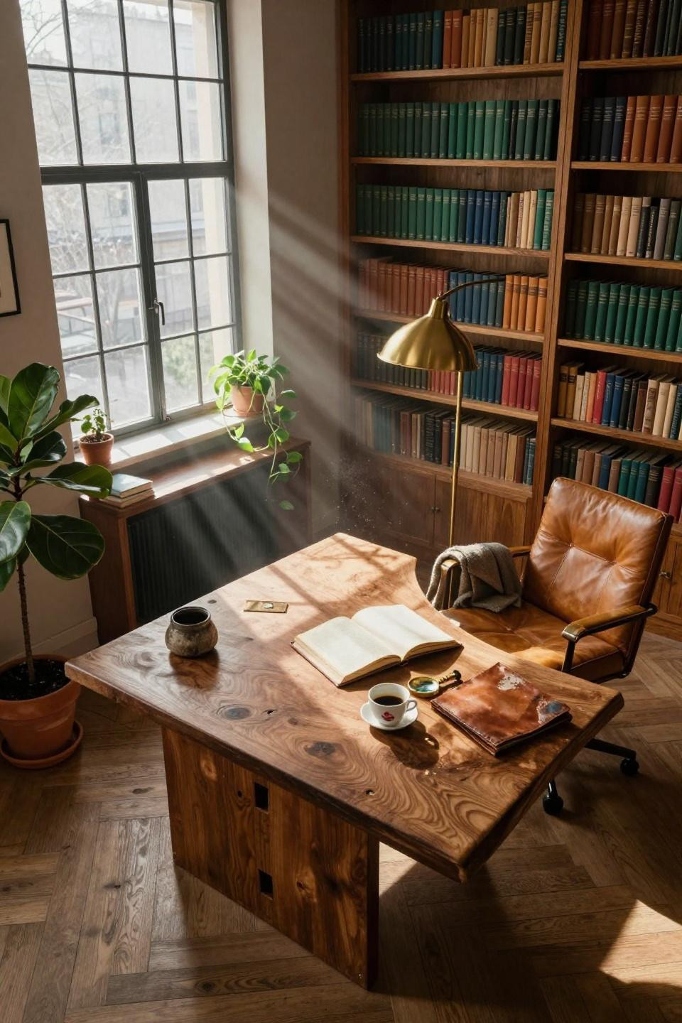 Small Home Library Design - floor-to-ceiling honey oak built-ins