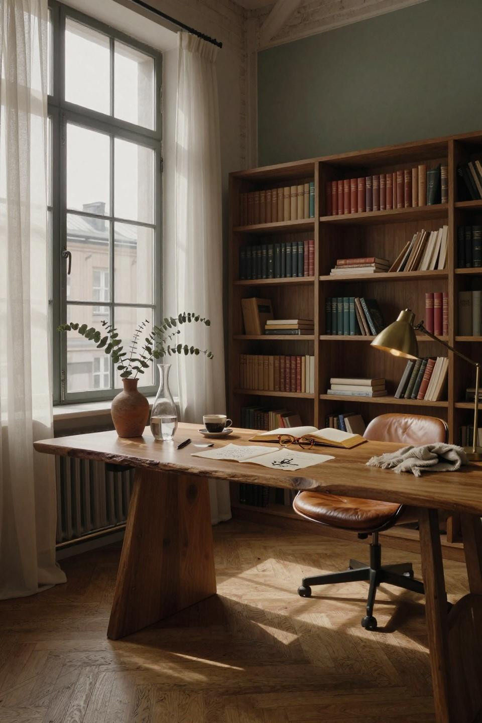 Small Library Room Ideas - muted sage accent in Scandinavian office