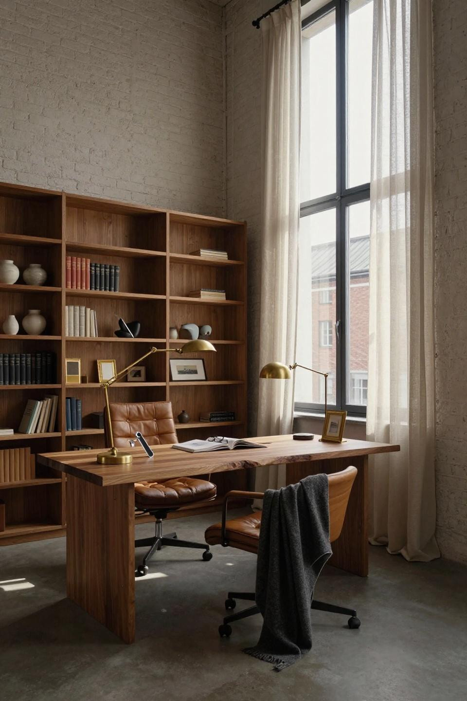 Small Home Library Ideas - walnut floating desk in minimal loft