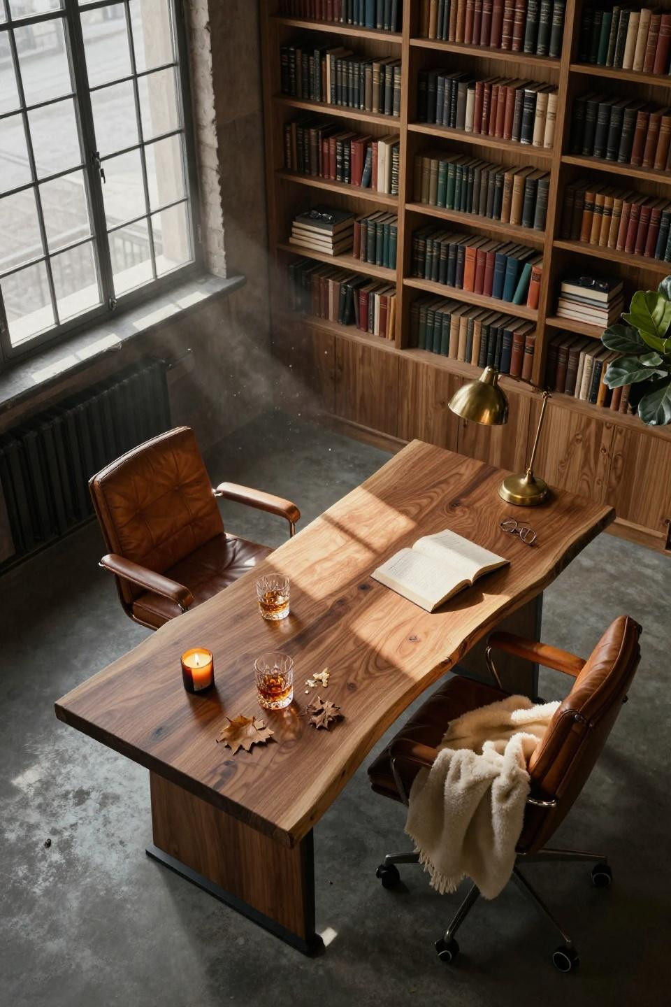 Home Office With Bookshelves - massive walnut desk with natural edges