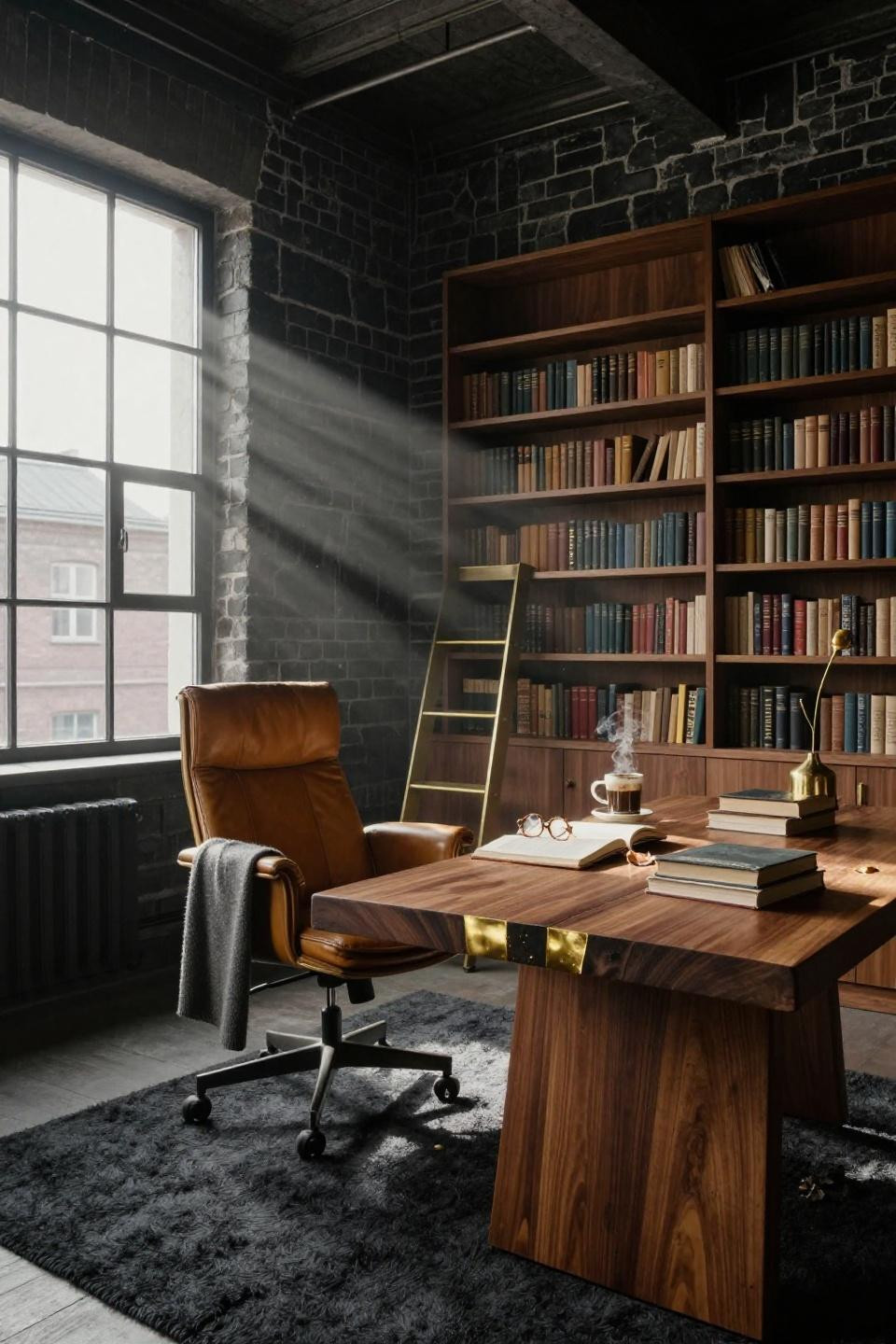 Small Home Library Design - charcoal wool rug grounding walnut desk