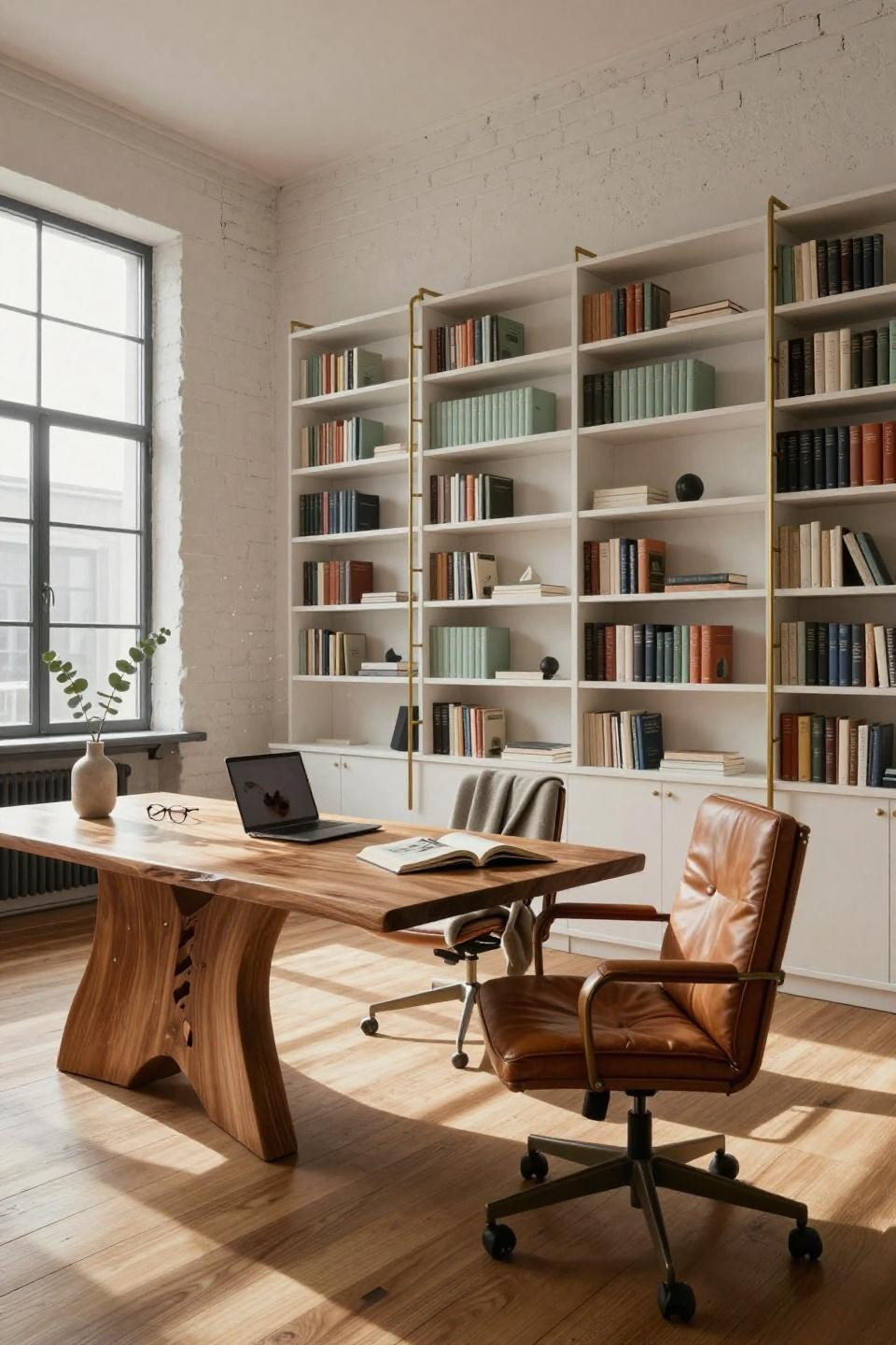 Built In Bookshelves - natural white oak system with brass ladder