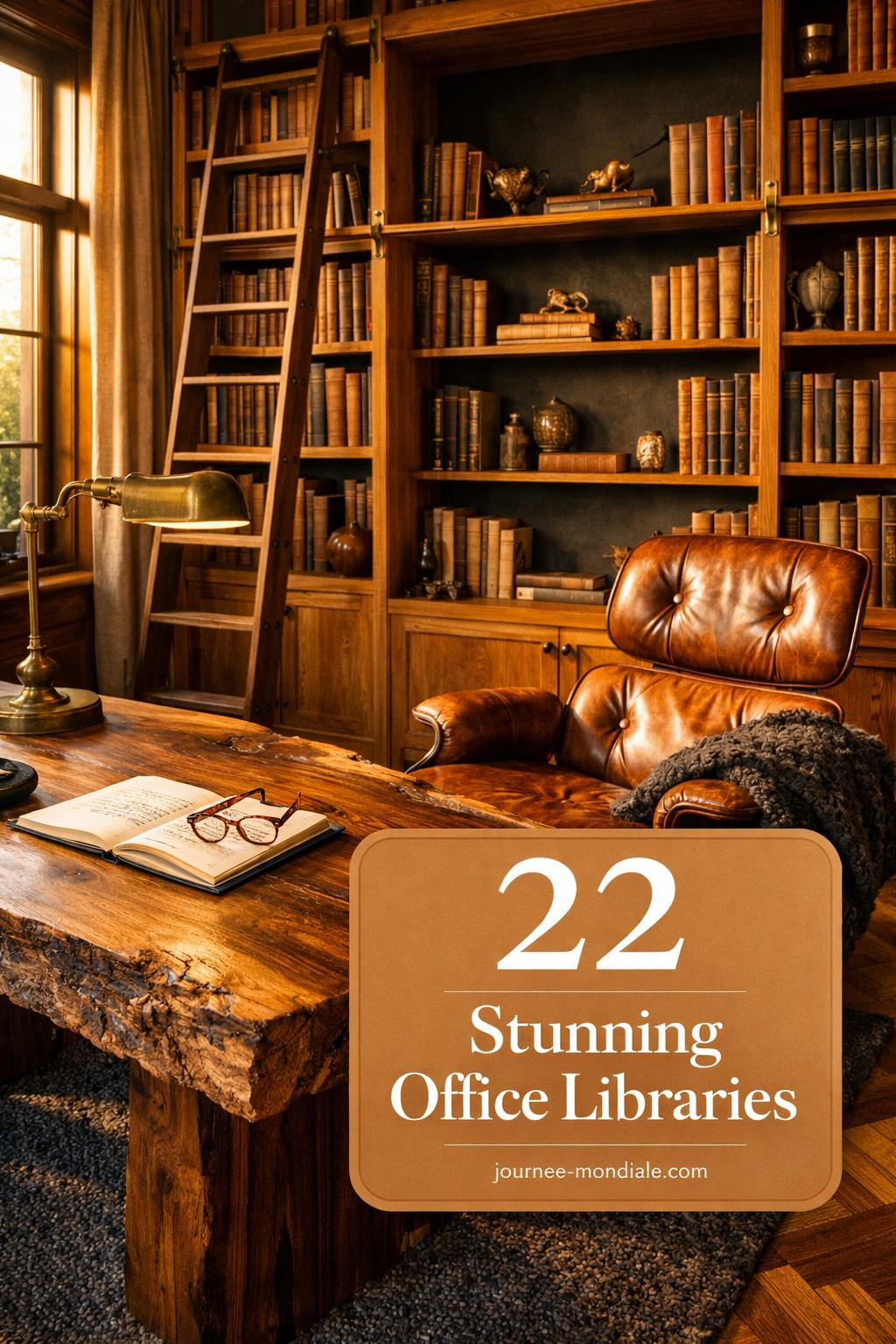 Elegant home office library featuring floor-to-ceiling honey oak built-ins, live-edge walnut desk, cognac leather Eames chair, and brass accents with golden hour lighting