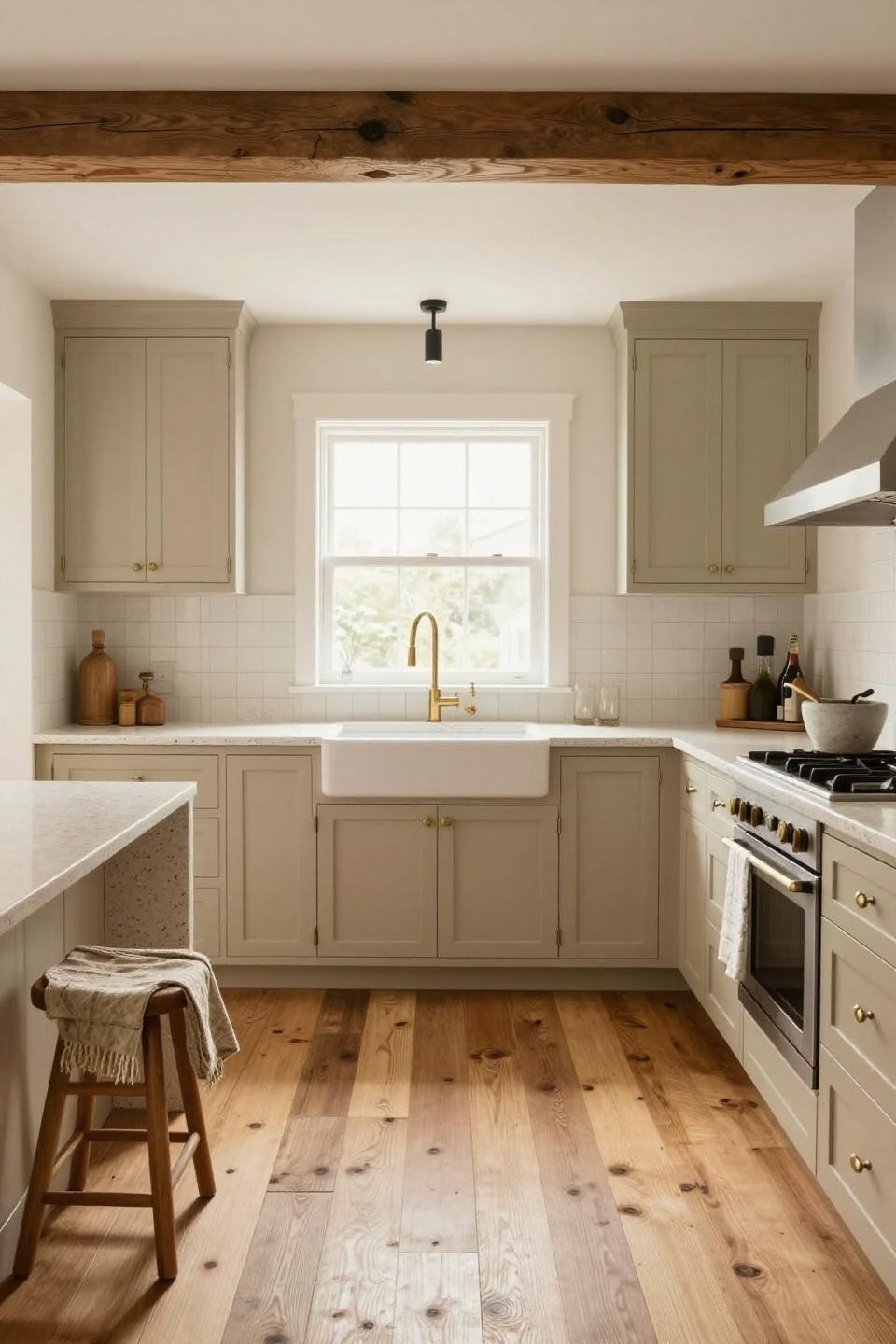 kitchen floor tile design - honey-toned reclaimed timber flooring