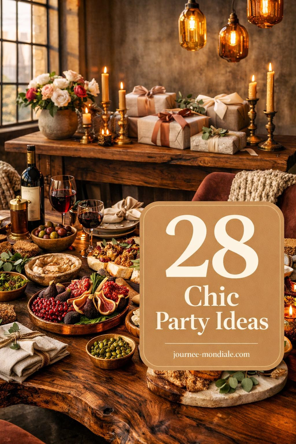 Elegant housewarming party decoration with welcome home banner, styled food table, greenery accents, warm lighting, and DIY gift display in modern living space