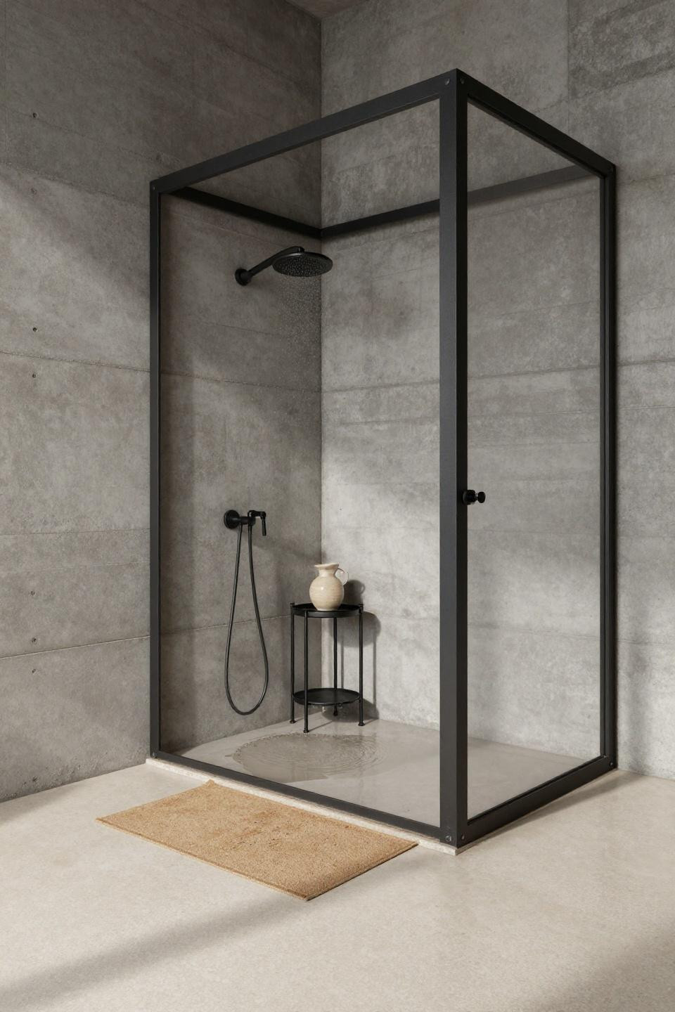 Zero Entry Shower Ideas - brutalist steel frame white resin floor