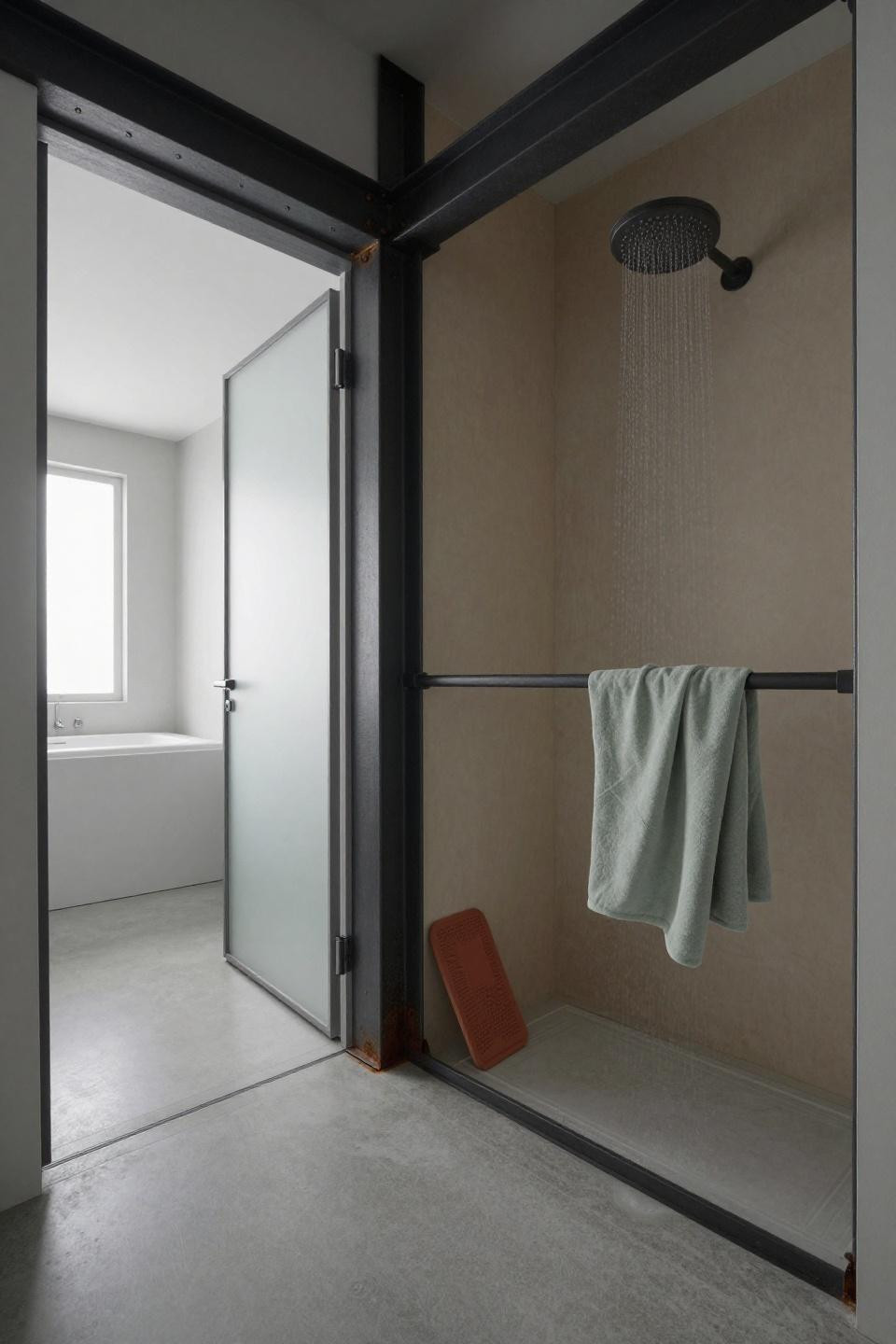 Shower Area Design - exposed I-beam with raw gypsum walls