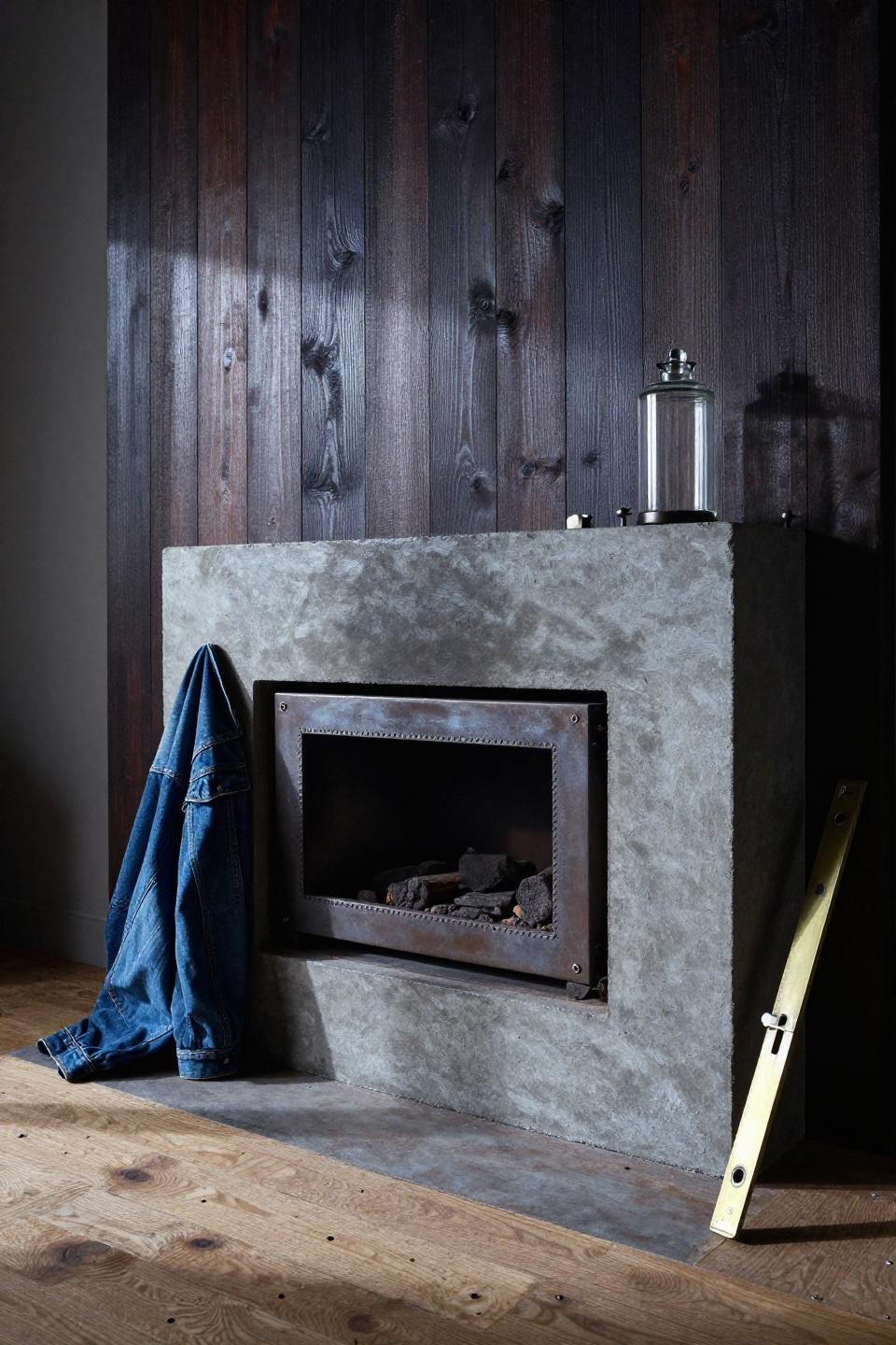 Fireplace Wall Ideas - charred steel industrial fireplace