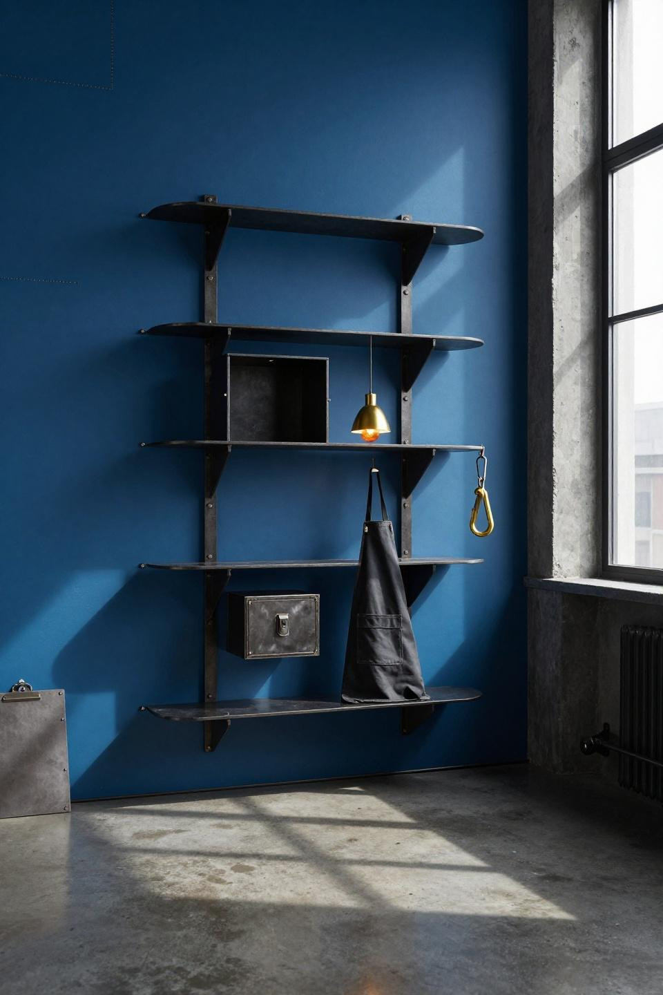 Entry Drop Zone - blackened steel modular system on sapphire wall