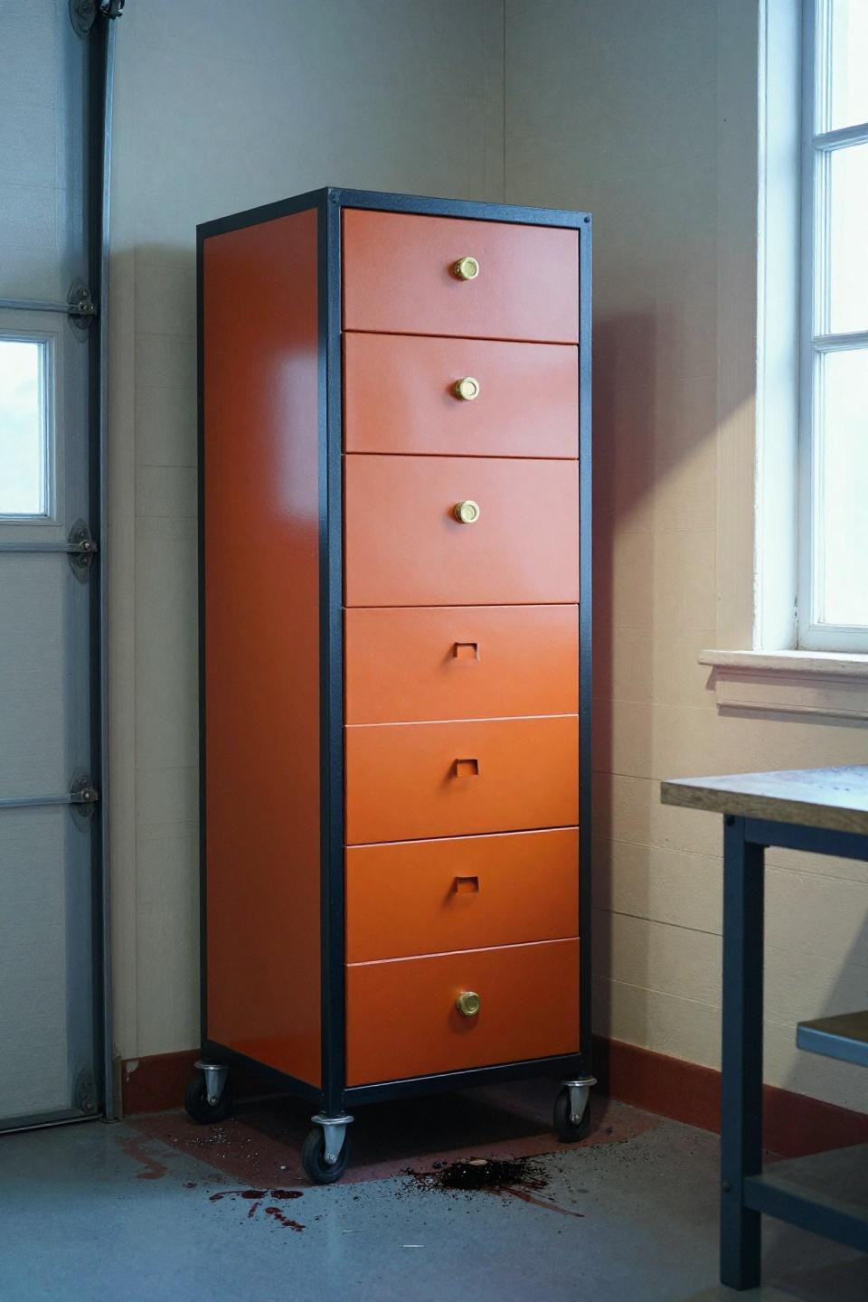 Tool Shop Organization - rolling drawer cabinet with burnt orange fronts