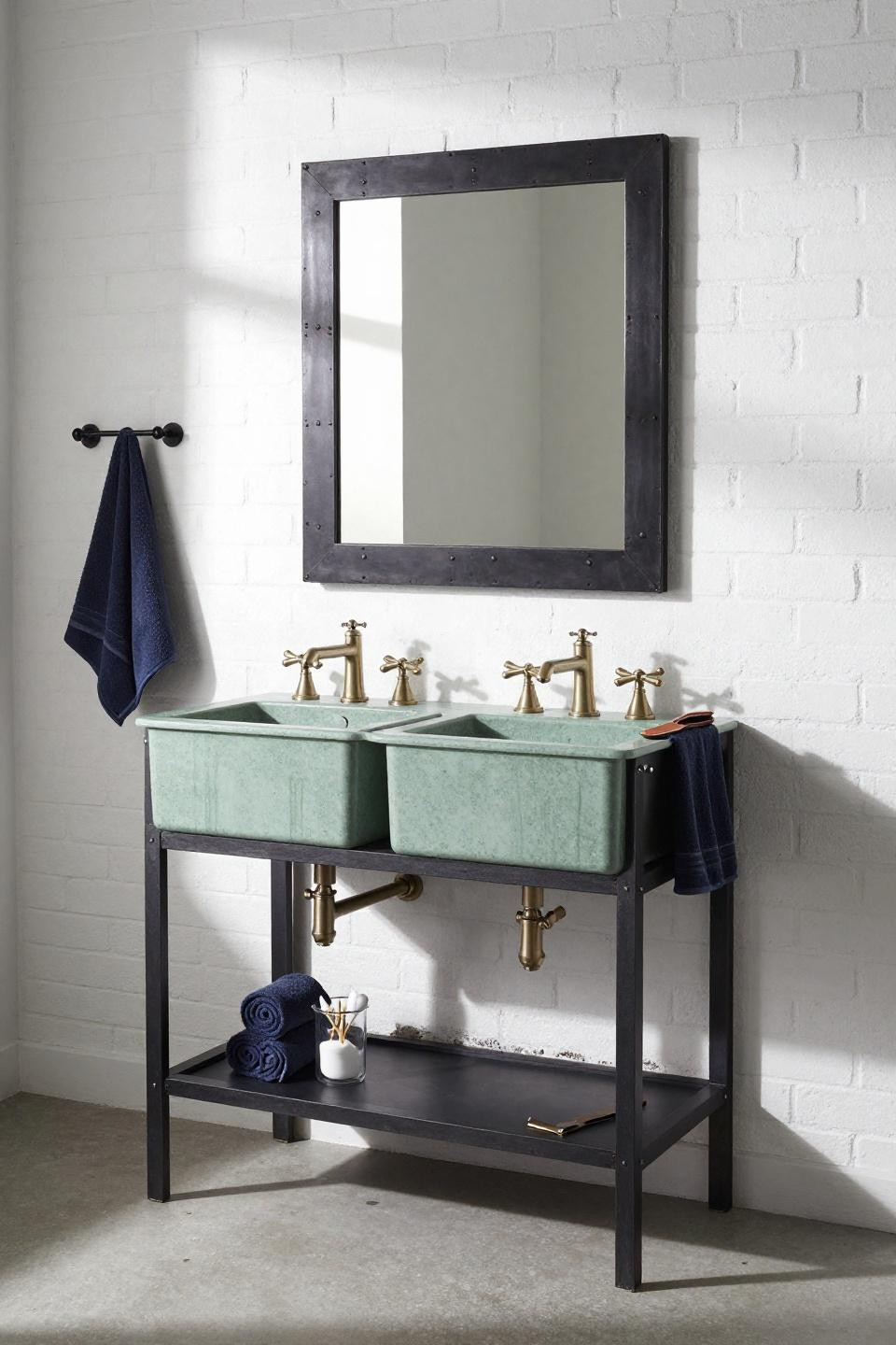 Aesthetic Bathroom - industrial steel vanity with sage green terrazzo