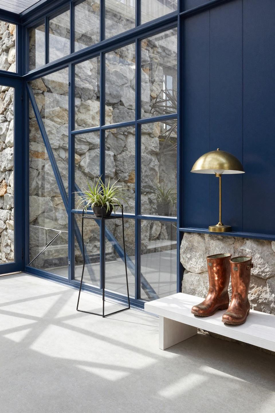 Cozy sunroom ideas - industrial steel frame glass sunroom