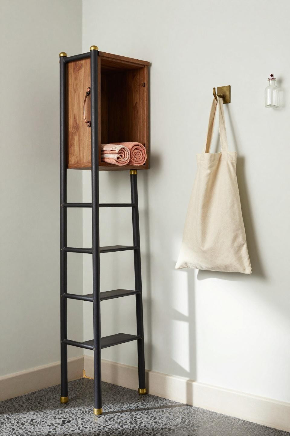 Apartment Bathroom Aesthetic - blackened steel towel ladder with brass fittings