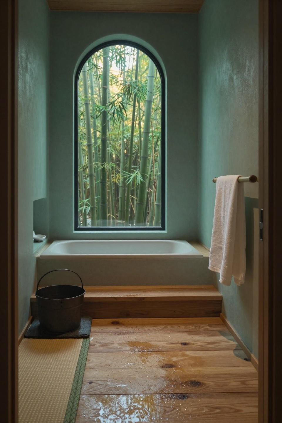 Natural bathroom ideas - celadon plaster walls with ceramic hip bath