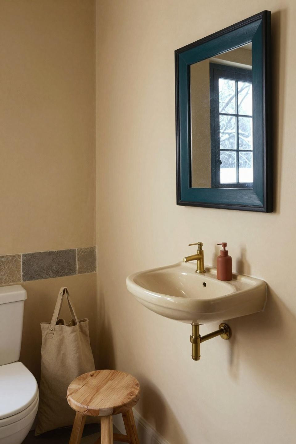 Japandi Bathroom Ideas - cream ceramic vessel sink on aged brass bracket