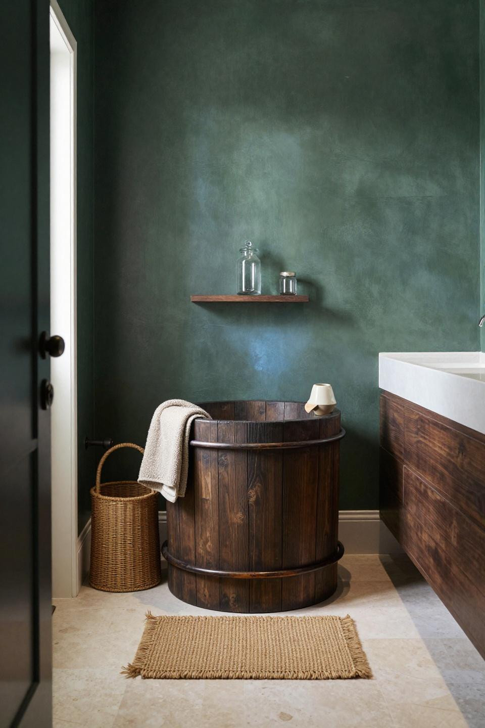 Japandi Bathroom Ideas - charcoal-stained hinoki tub against forest green plaster