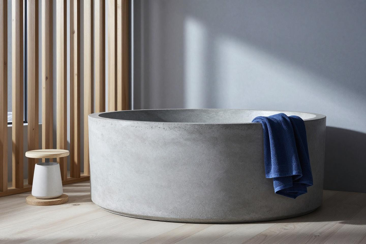 Japandi Toilet - freestanding poured concrete soaking tub with visible trowel marks