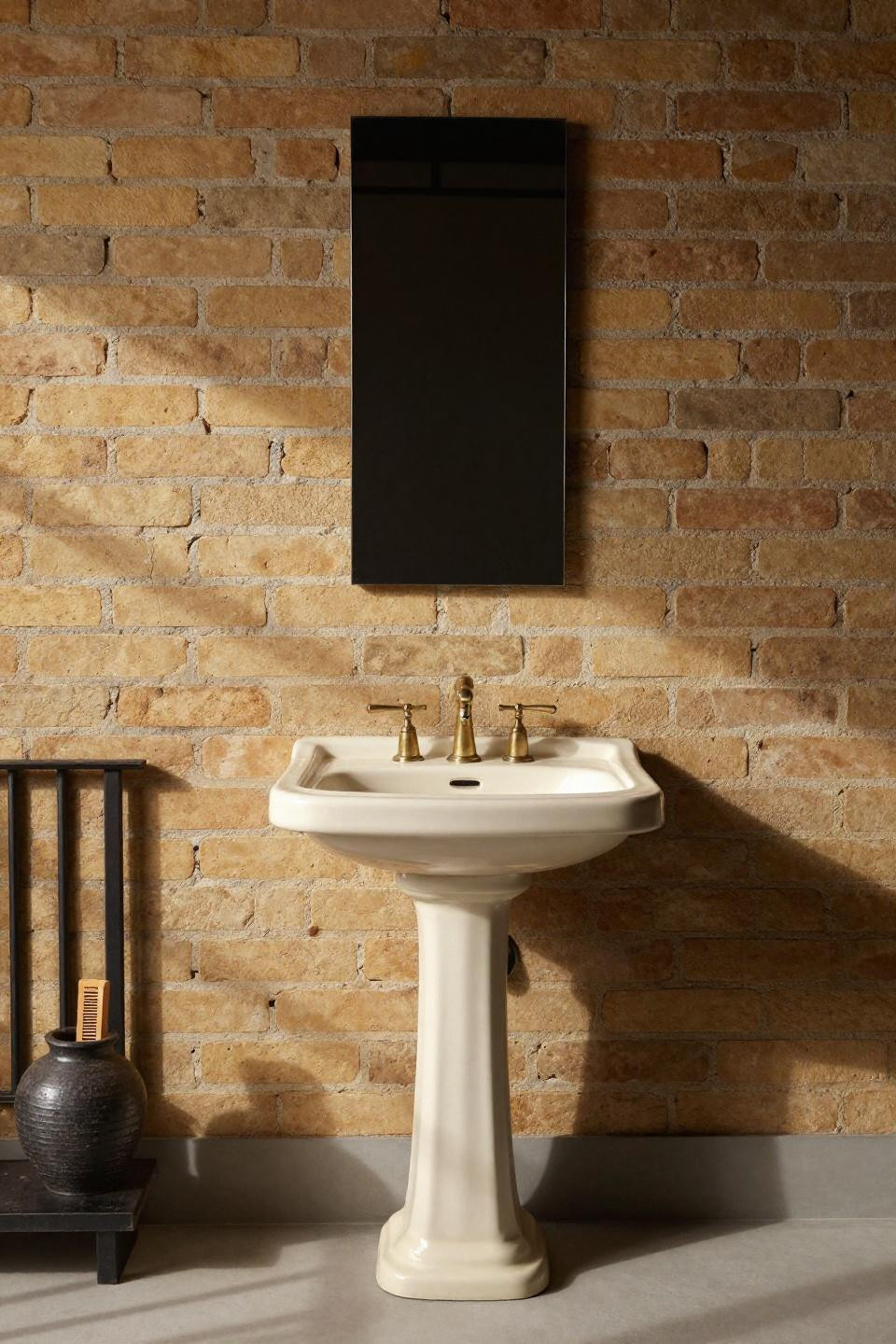 Japandi Bathroom Design - cream pedestal sink against honey exposed brick
