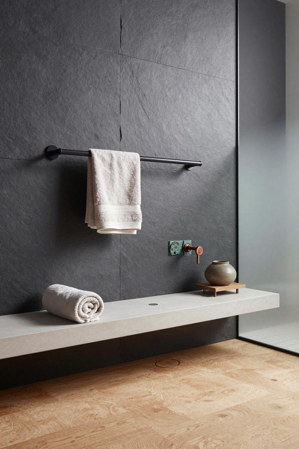 Modern Japandi - pale ash floating bench with blackened steel towel rail