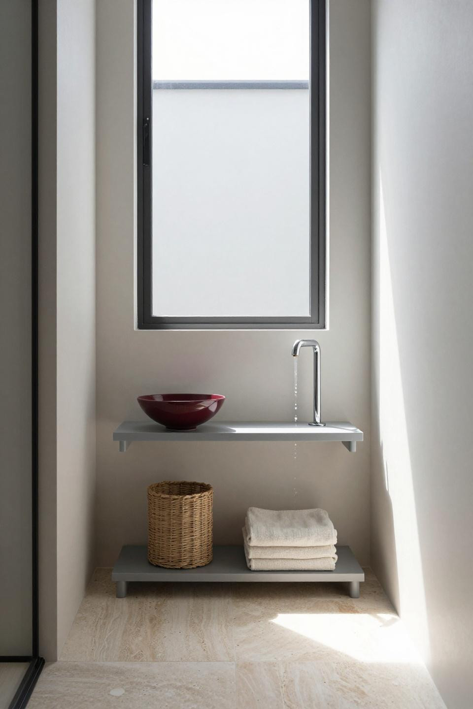 Japandi Bathroom Ideas - minimalist ash floating shelf in compact bathroom