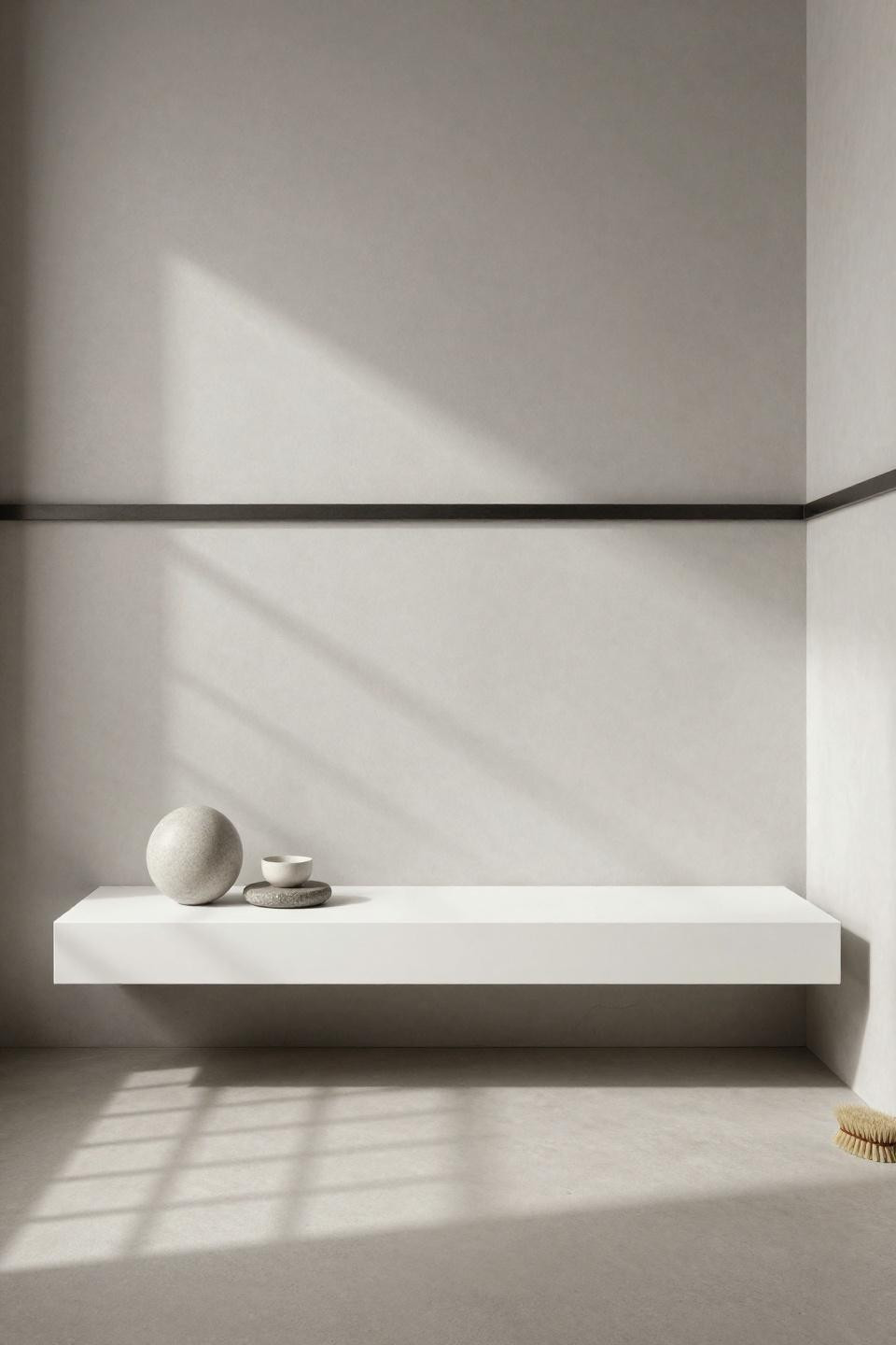 Japandi Bathroom Ideas - white zelkova floating shelf above low-profile toilet