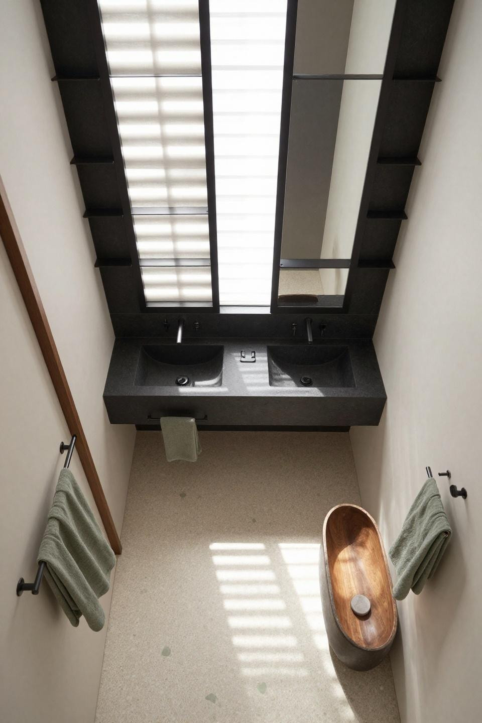 Minimalism Bathroom - dual blackened steel floating shelves above terrazzo floor