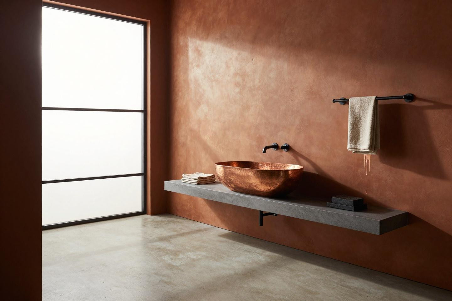 Japandi Bathroom Ideas - floating ash vanity with hand-hammered copper sink