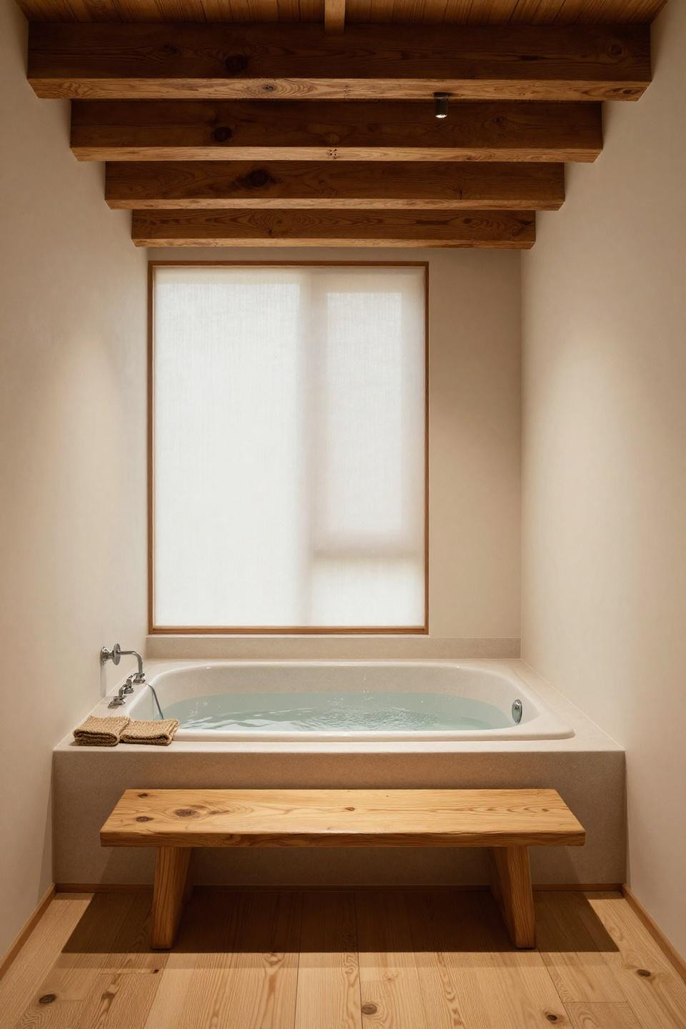 Japandi Style Bathroom - sculptural hinoki cypress soaking tub with exposed beams
