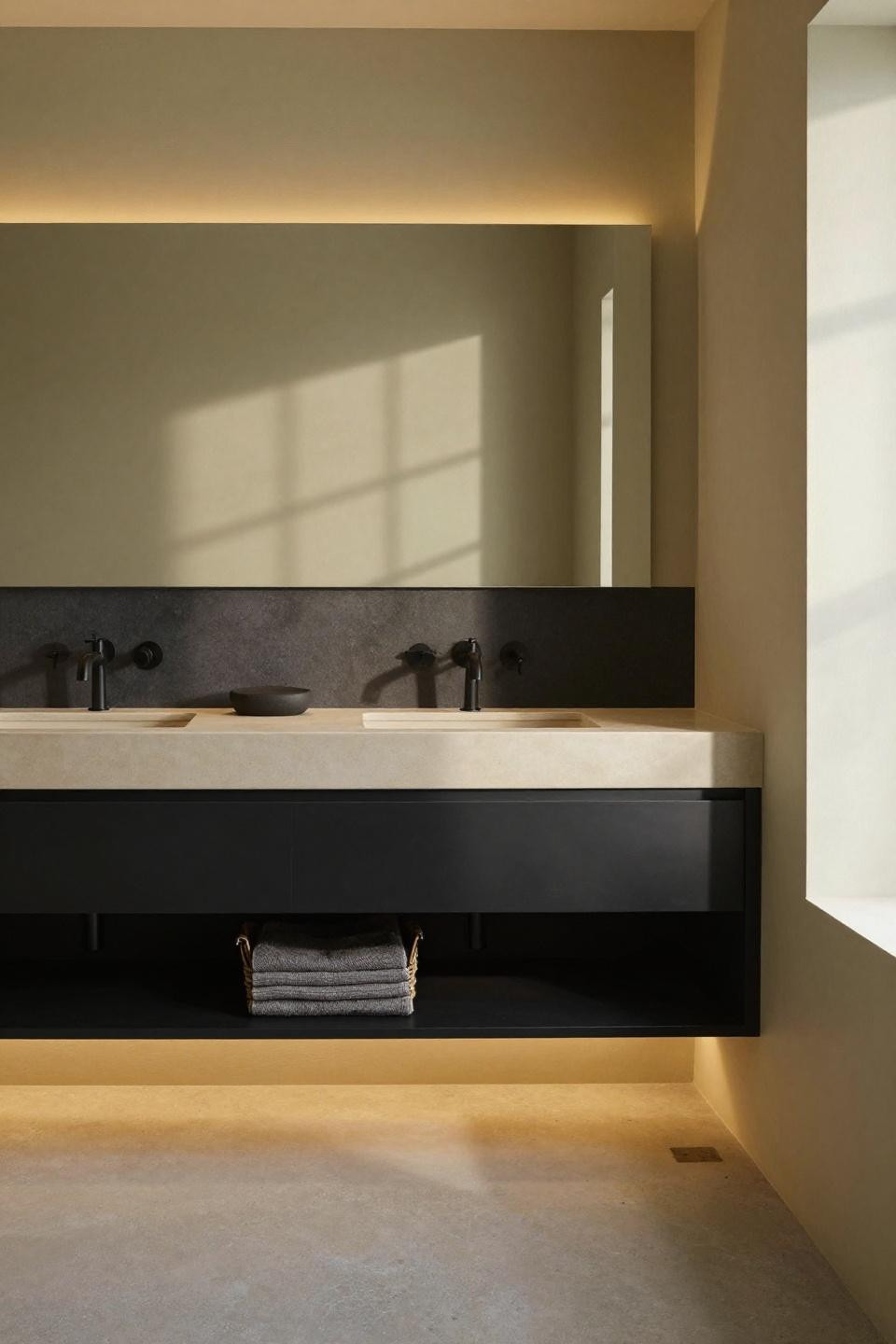 Small Japandi Bathroom - wall-mounted matte black vanity with ash countertop