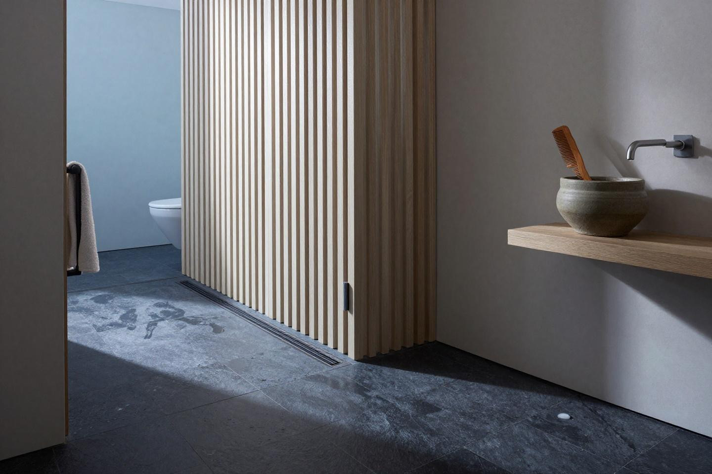 Japandi Bathroom Ideas - slate wet room with ash partition